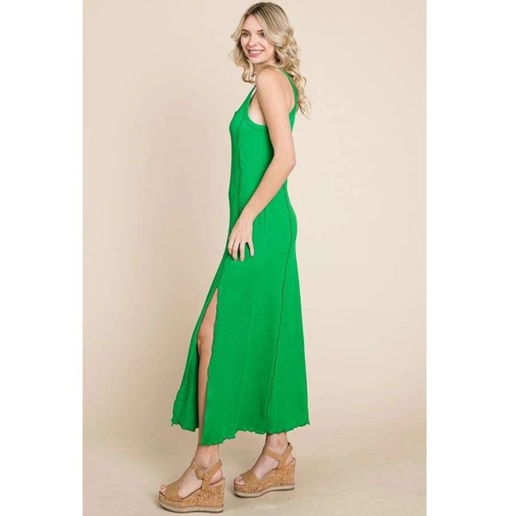 Notched Neck Merrow Dress - Candy Green Summer Maxi - Sleeveless Summer Dress - Picture 3 of 7